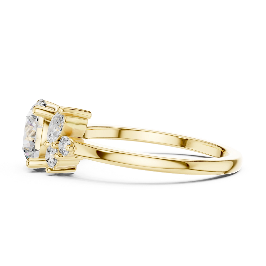 Round Asymmetric Marquise Cluster Moissanite Engagement Ring in yellow 925 sterling silver, view 3