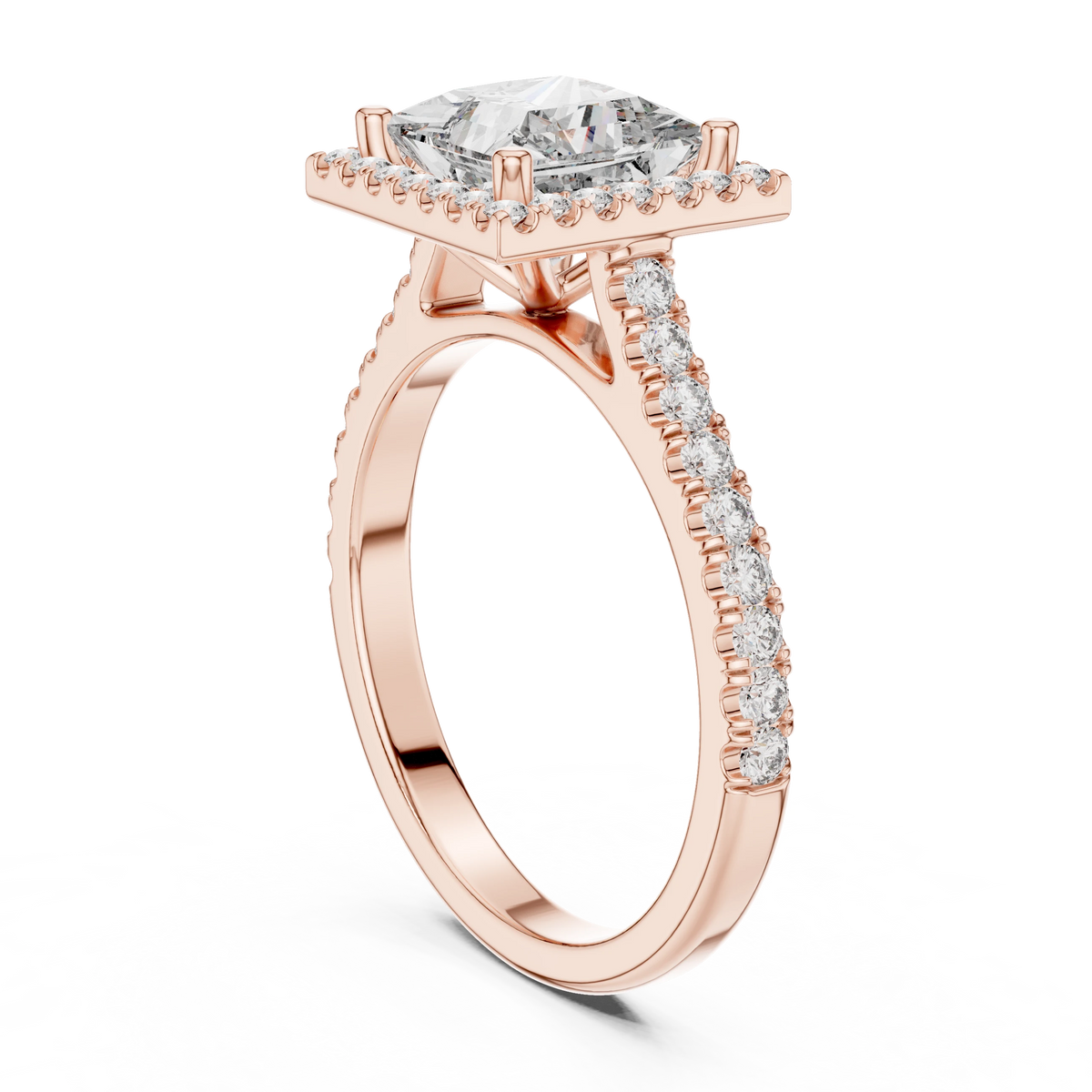 Princess Cut Square Halo Pavé Moissanite Engagement Ring in rose 925 sterling silver, view 1