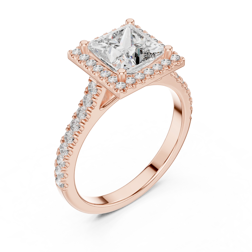 Princess Cut Square Halo Pavé Moissanite Engagement Ring in rose 925 sterling silver, view 2