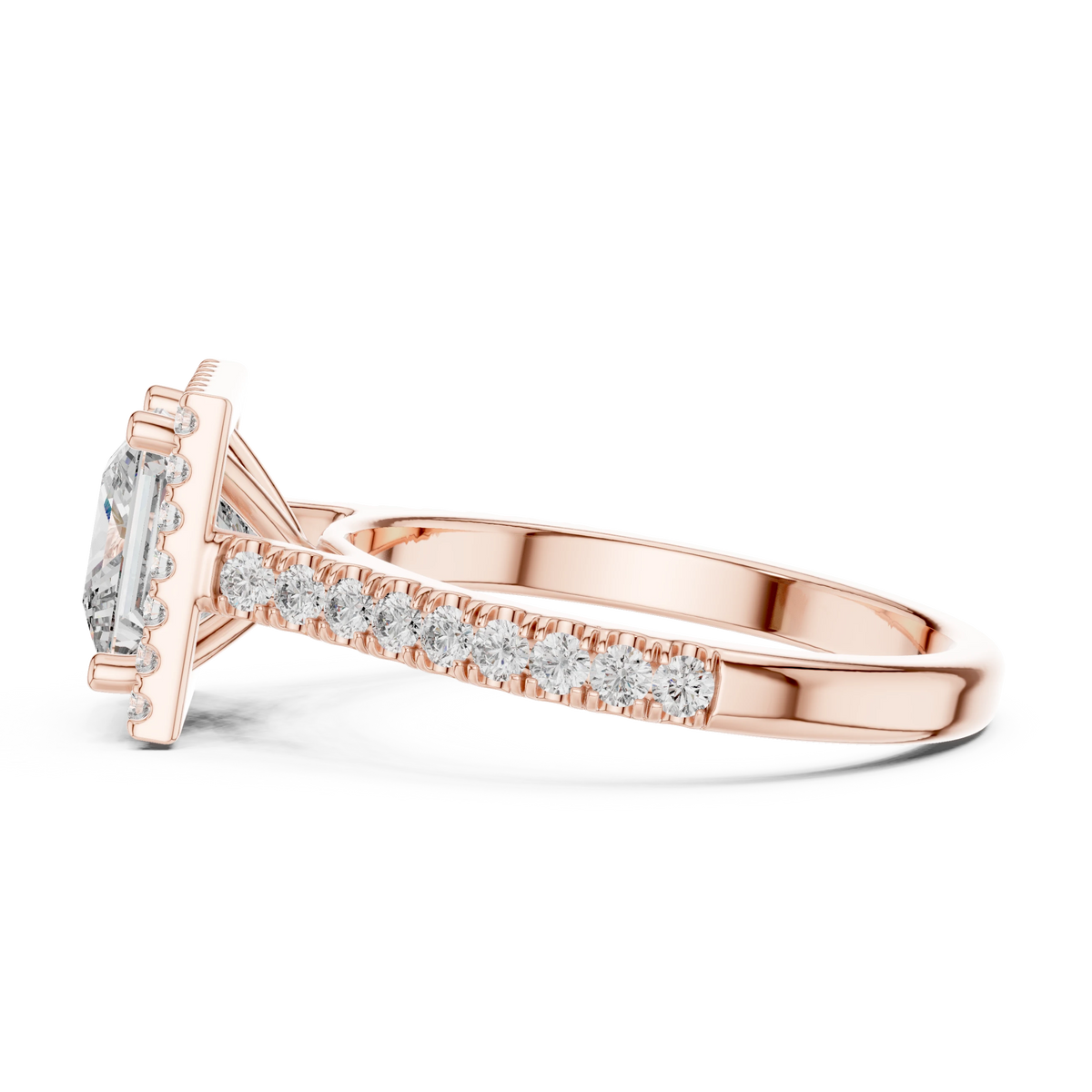 Princess Cut Square Halo Pavé Moissanite Engagement Ring in rose 925 sterling silver, view 3