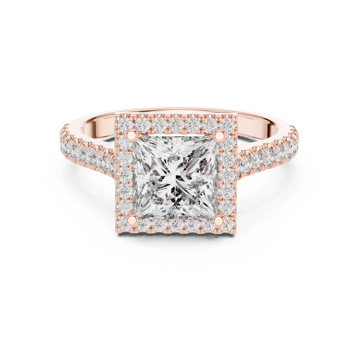 Princess Cut Square Halo Pavé Moissanite Engagement Ring in rose 925 sterling silver, view 4