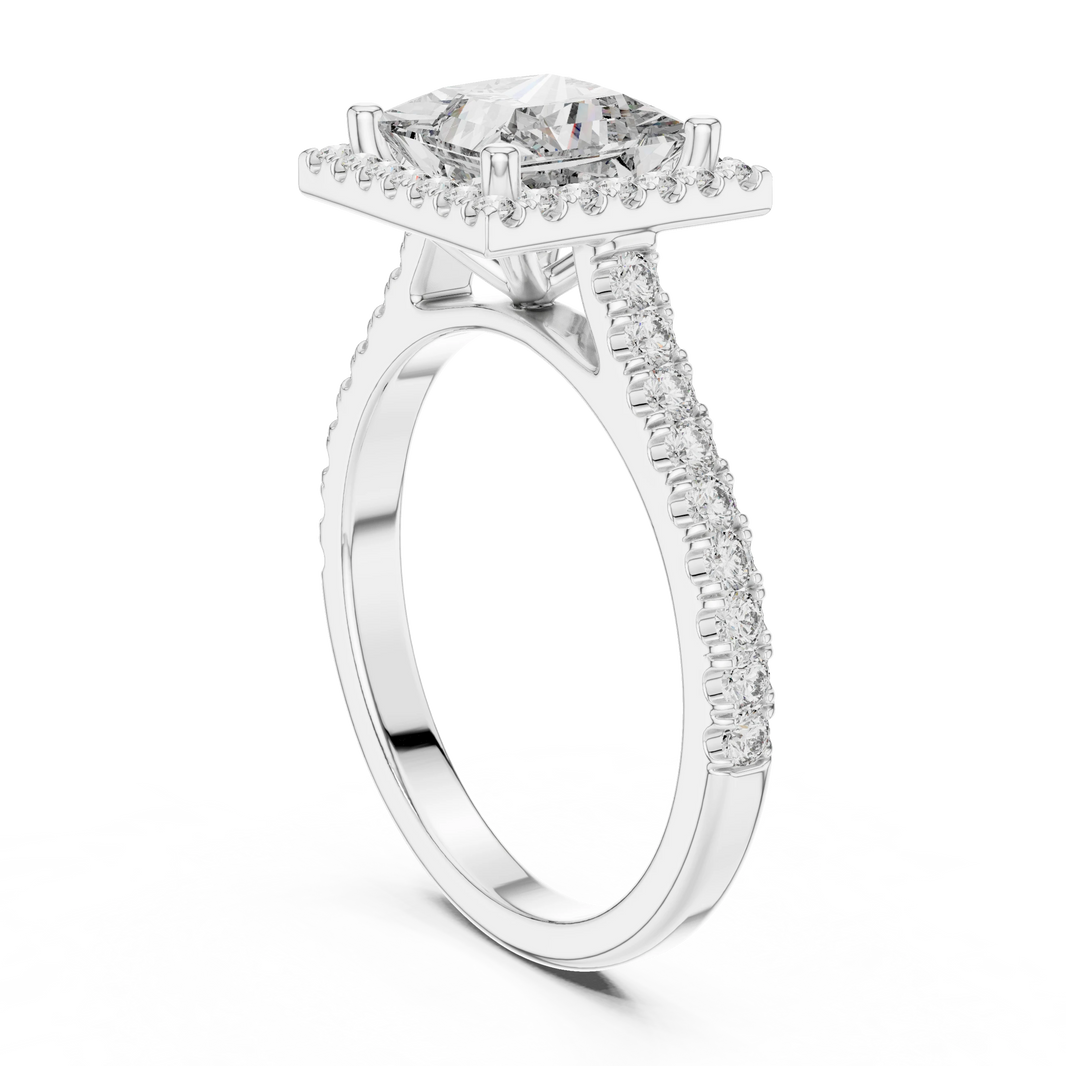 Princess Cut Square Halo Pavé Moissanite Engagement Ring in white 925 sterling silver, view 1