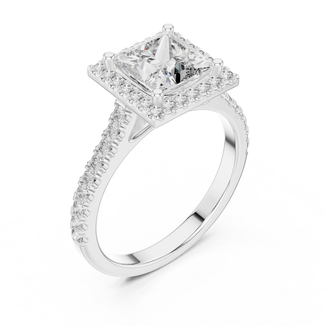 Princess Cut Square Halo Pavé Moissanite Engagement Ring in white 925 sterling silver, view 2