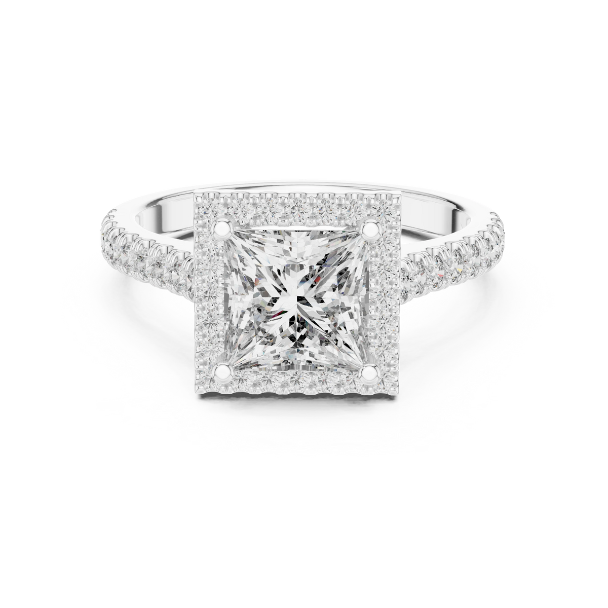 Princess Cut Square Halo Pavé Moissanite Engagement Ring in white 925 sterling silver, view 4
