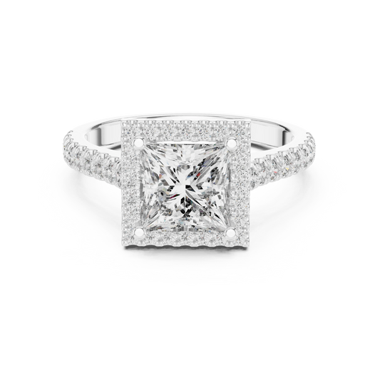 Princess Cut Square Halo Pavé Moissanite Engagement Ring in white 925 sterling silver, view 4