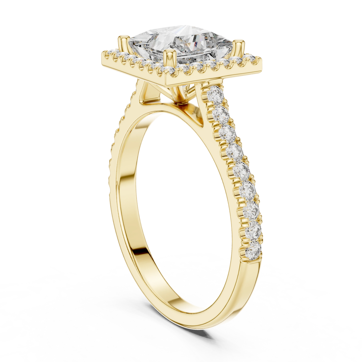 Princess Cut Square Halo Pavé Moissanite Engagement Ring in yellow 925 sterling silver, view 1