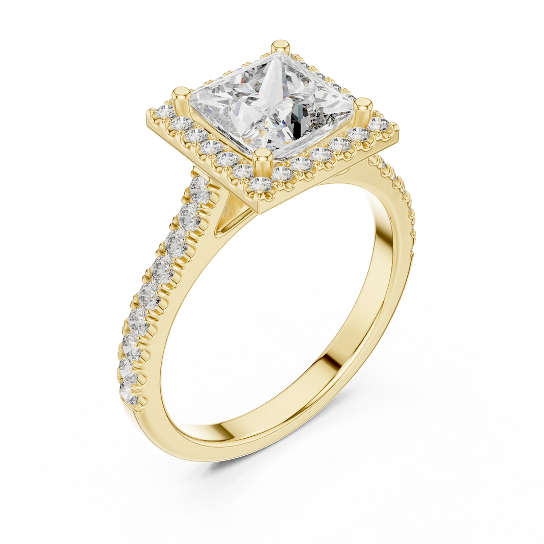 Princess Cut Square Halo Pavé Moissanite Engagement Ring in yellow 925 sterling silver, view 2