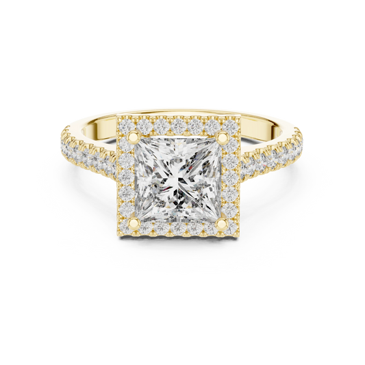 Princess Cut Square Halo Pavé Moissanite Engagement Ring in yellow 925 sterling silver, view 4
