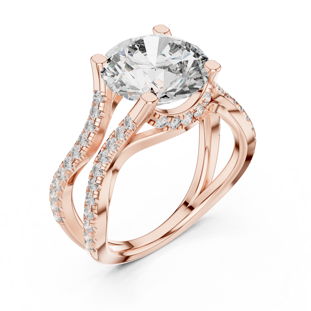 Round Wavy Split Shank Moissanite Engagement Ring in rose 925 sterling silver, view 2