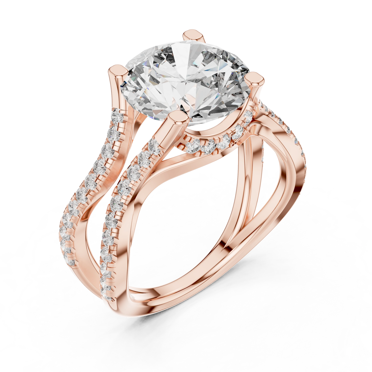 Round Wavy Split Shank Moissanite Engagement Ring in rose 925 sterling silver, view 2