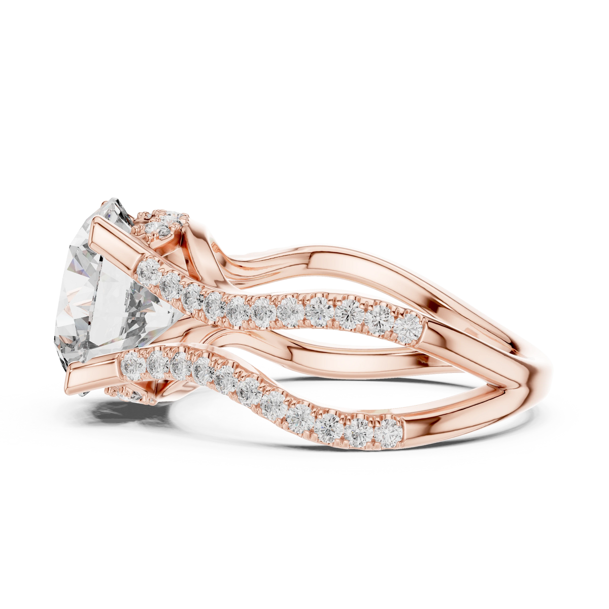 Round Wavy Split Shank Moissanite Engagement Ring in rose 925 sterling silver, view 3