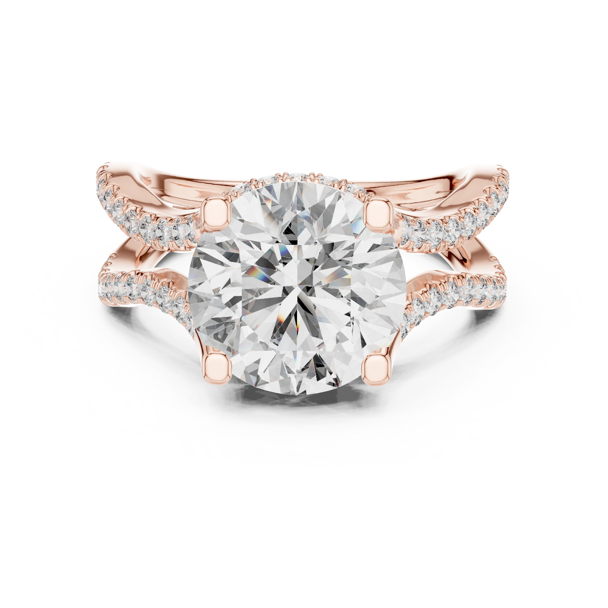 Round Wavy Split Shank Moissanite Engagement Ring in rose 925 sterling silver, view 4