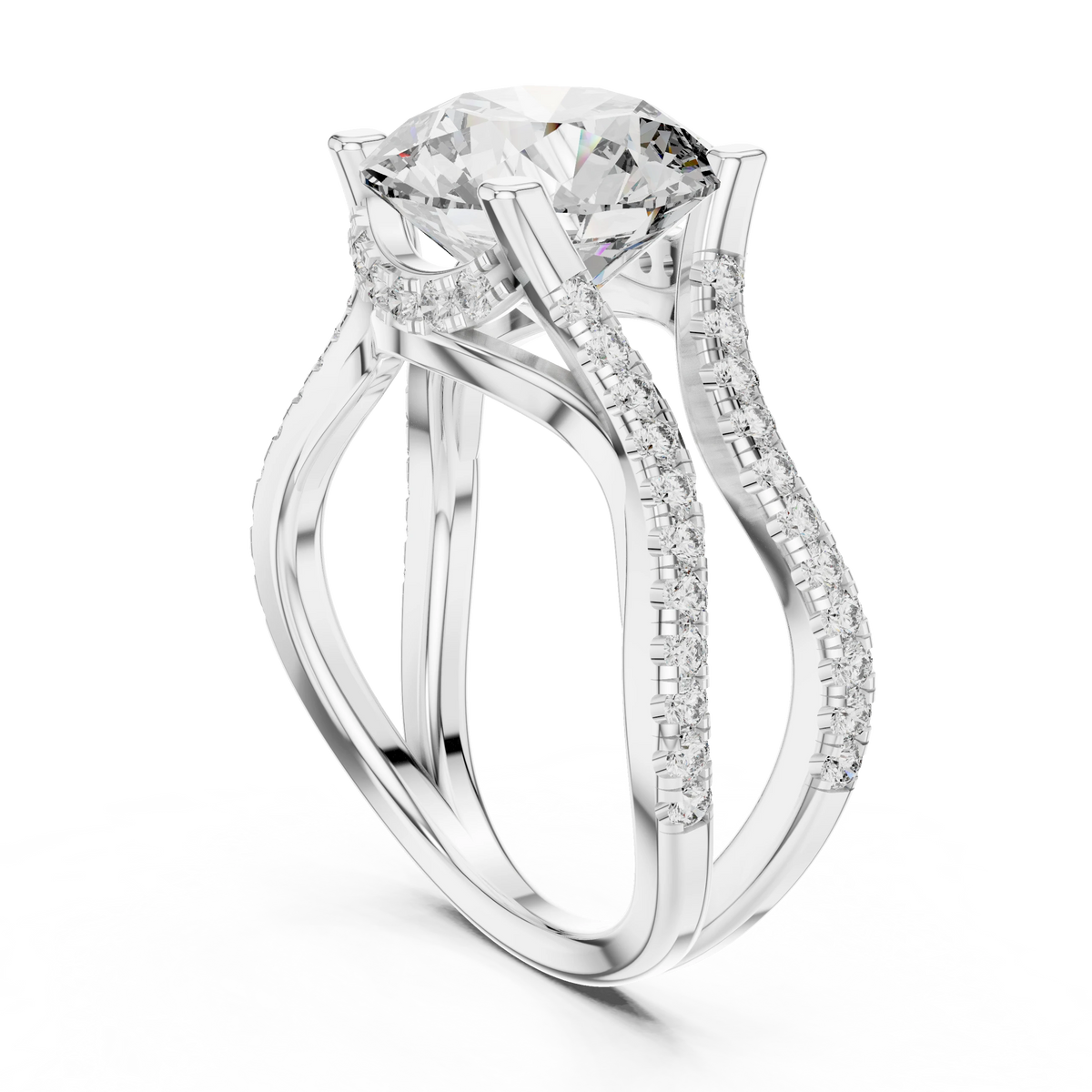 Round Wavy Split Shank Moissanite Engagement Ring in white 925 sterling silver, view 1