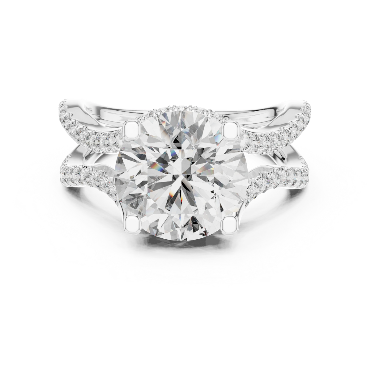 Round Wavy Split Shank Moissanite Engagement Ring in white 925 sterling silver, view 4