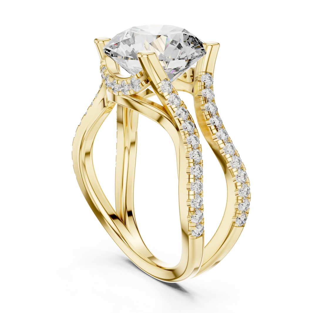 Round Wavy Split Shank Moissanite Engagement Ring in yellow 925 sterling silver, view 1