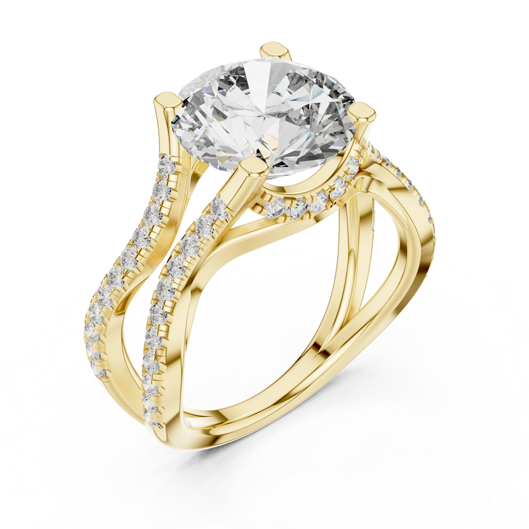 Round Wavy Split Shank Moissanite Engagement Ring in yellow 925 sterling silver, view 2