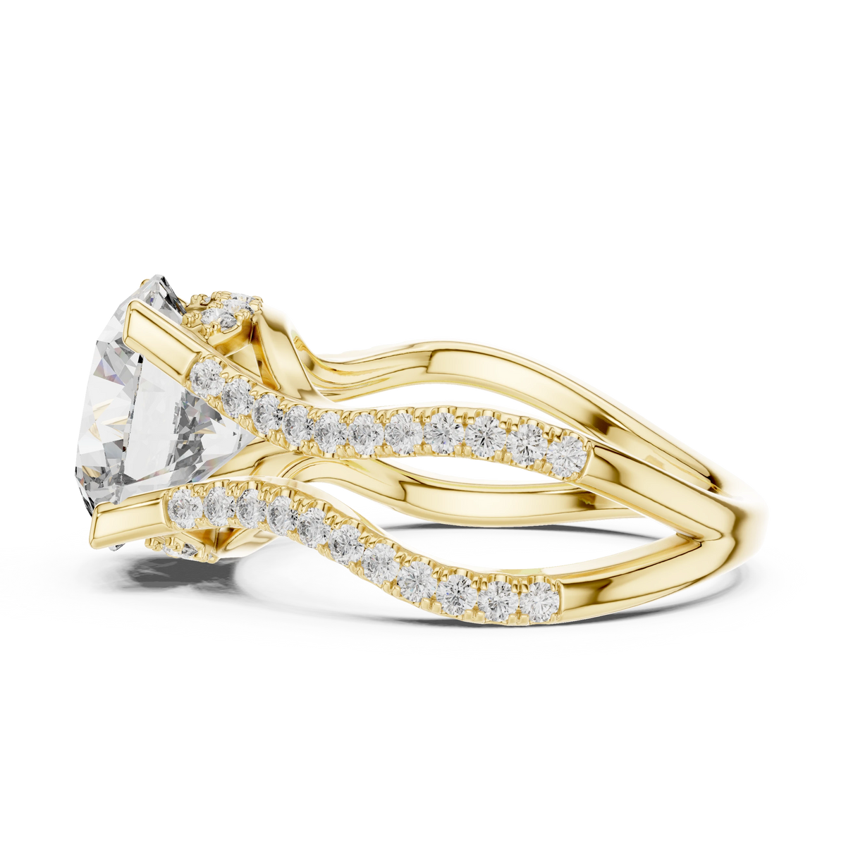 Round Wavy Split Shank Moissanite Engagement Ring in yellow 925 sterling silver, view 3