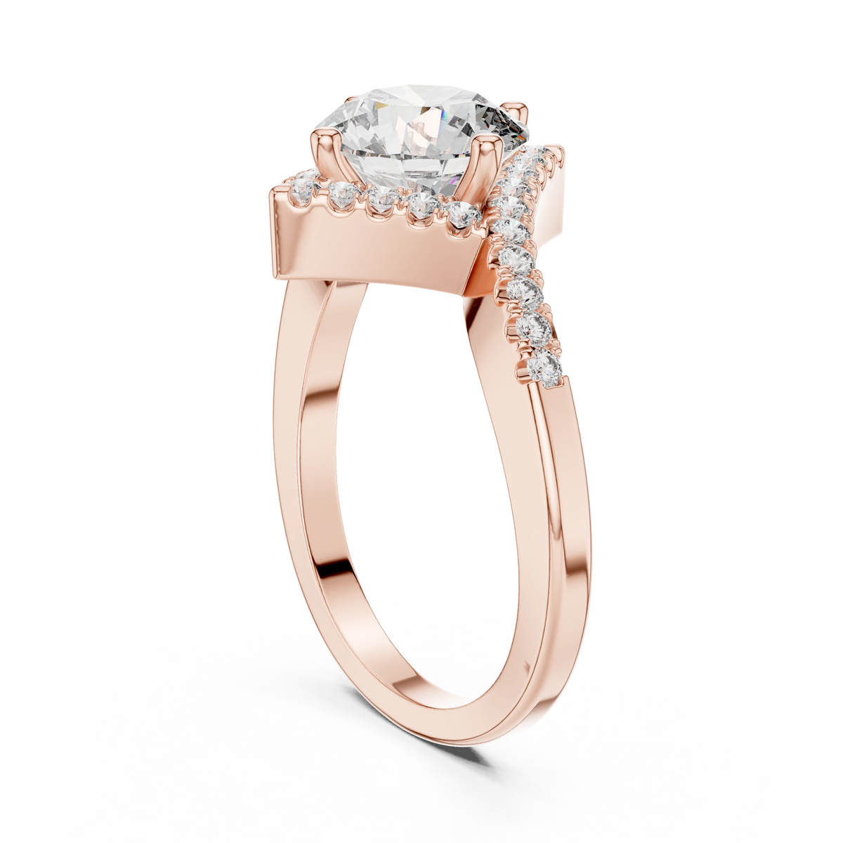 Round Kite Halo Bypass Moissanite Engagement Ring in rose 925 sterling silver, view 1