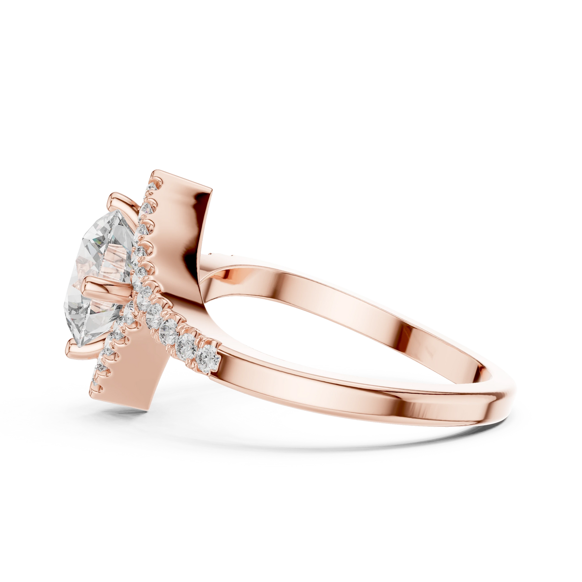 Round Kite Halo Bypass Moissanite Engagement Ring in rose 925 sterling silver, view 3