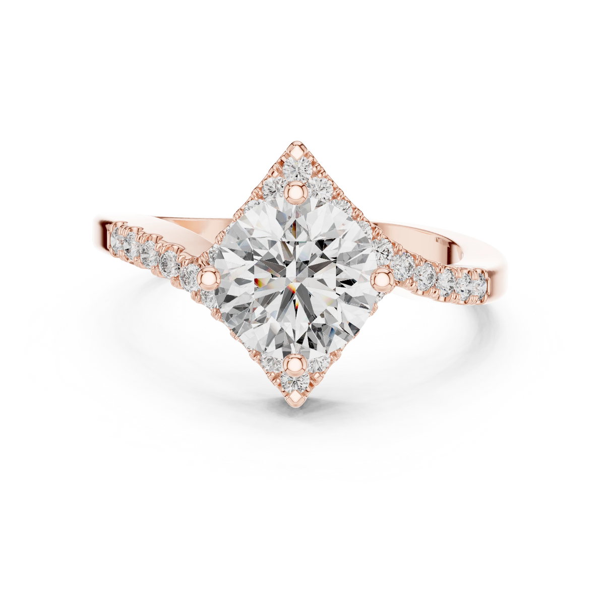Round Kite Halo Bypass Moissanite Engagement Ring in rose 925 sterling silver, view 4
