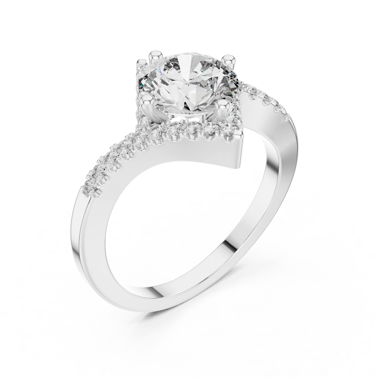 Round Kite Halo Bypass Moissanite Engagement Ring in white 925 sterling silver, view 2