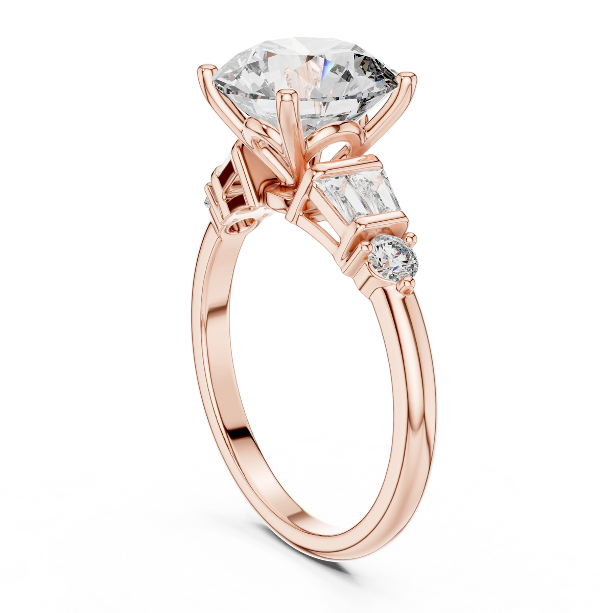 Round Baguette Side Stone Moissanite Engagement Ring in rose 925 sterling silver, view 1