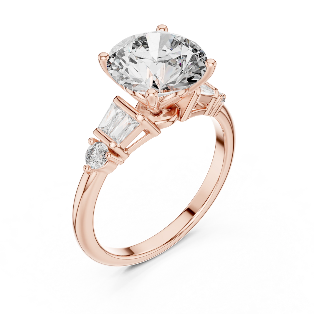 Round Baguette Side Stone Moissanite Engagement Ring in rose 925 sterling silver, view 2