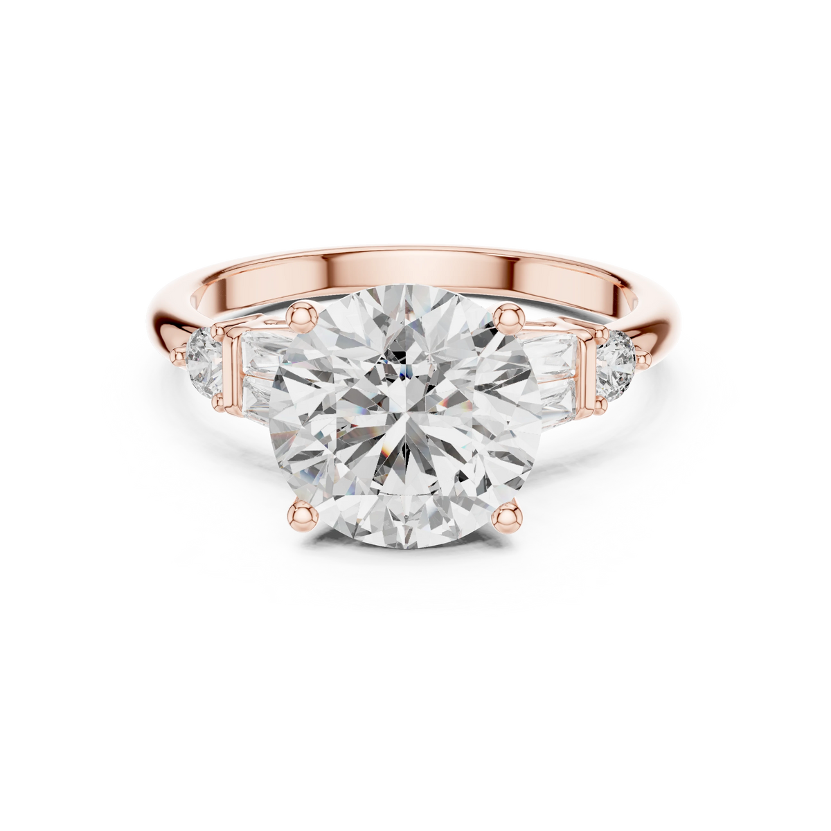 Round Baguette Side Stone Moissanite Engagement Ring in rose 925 sterling silver, view 4
