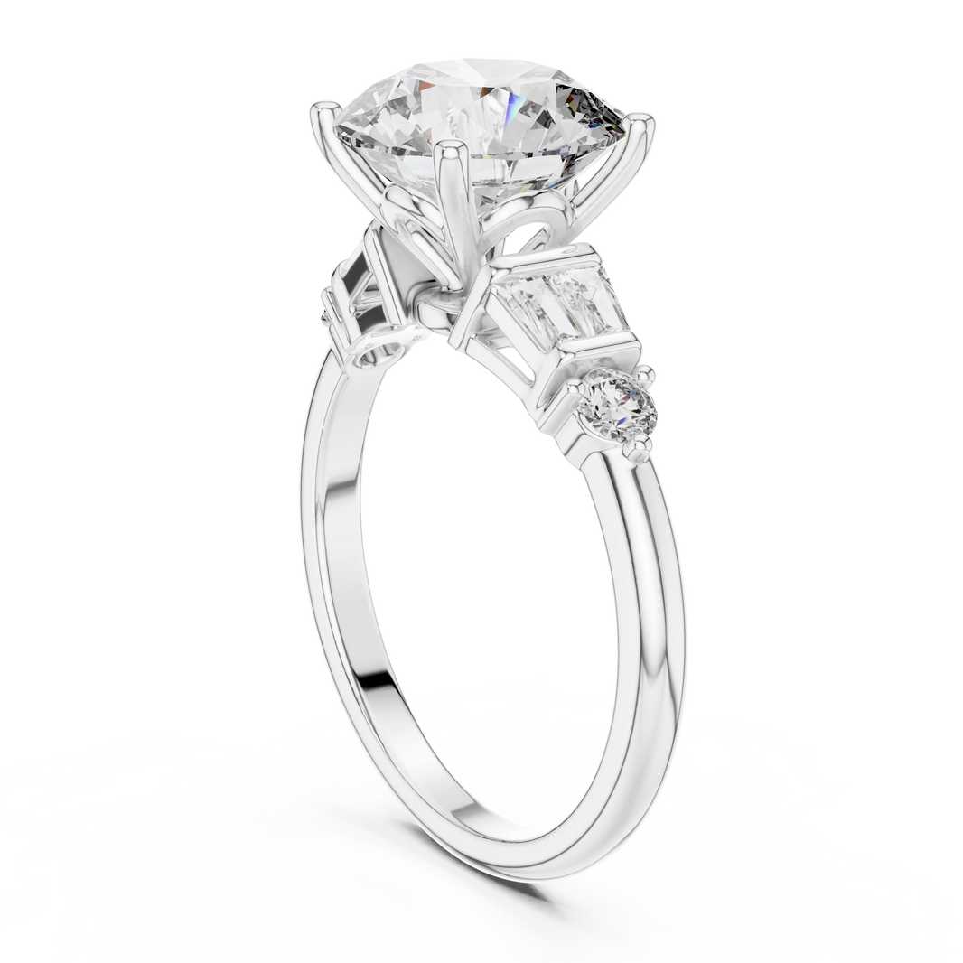 Round Baguette Side Stone Moissanite Engagement Ring in white 925 sterling silver, view 1