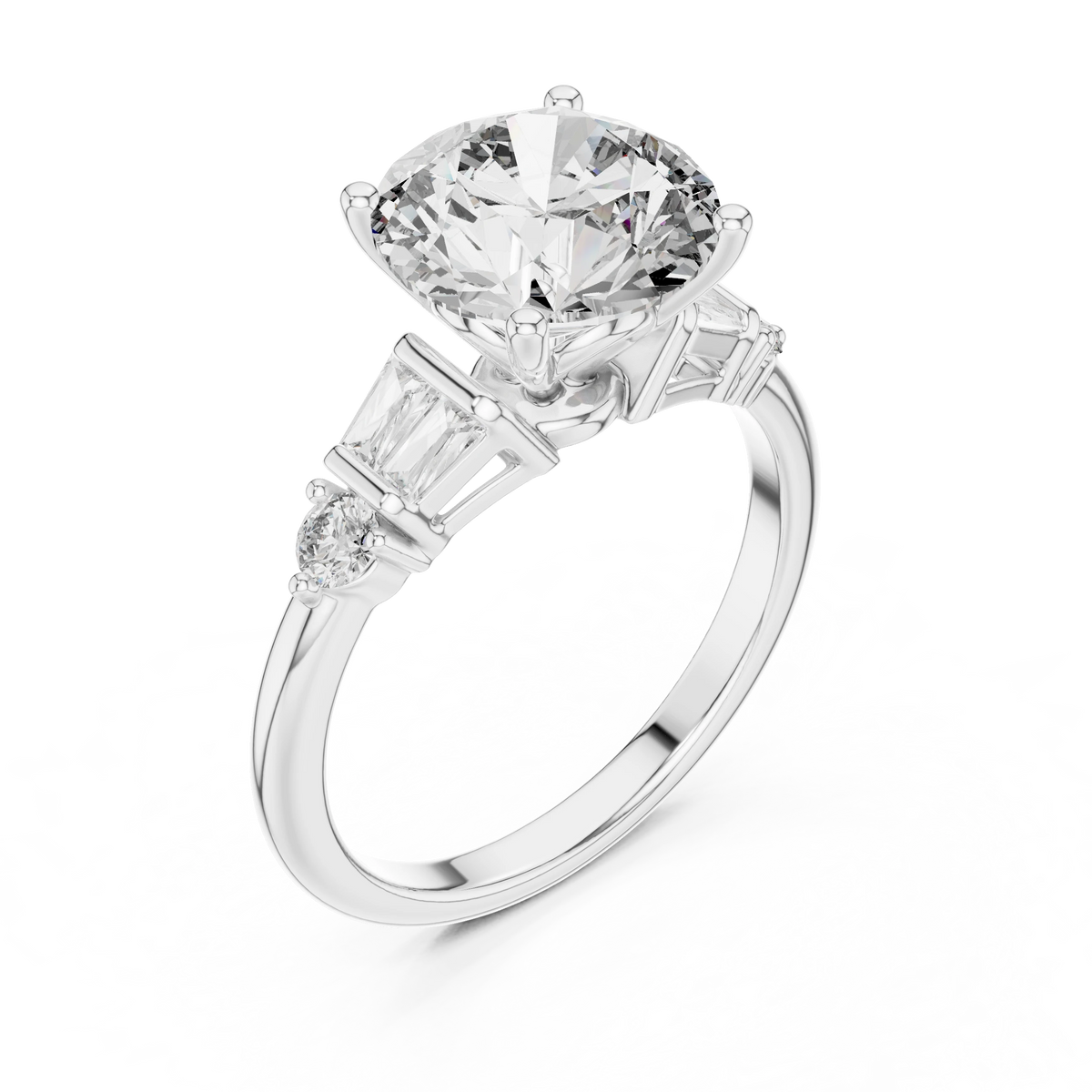 Round Baguette Side Stone Moissanite Engagement Ring in white 925 sterling silver, view 2