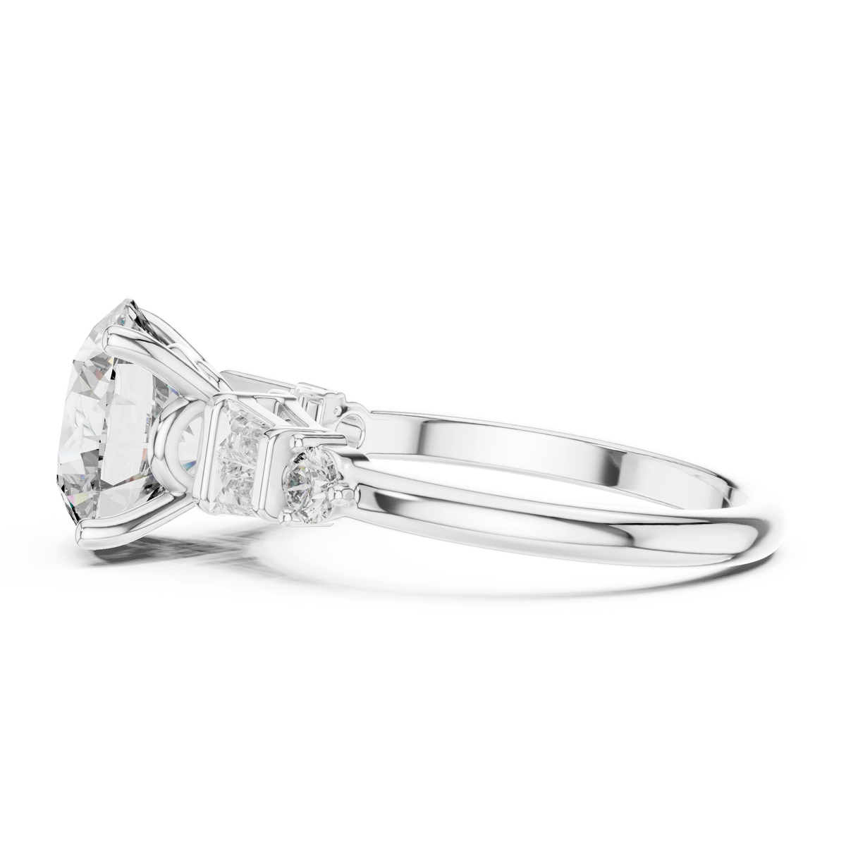 Round Baguette Side Stone Moissanite Engagement Ring in white 925 sterling silver, view 3