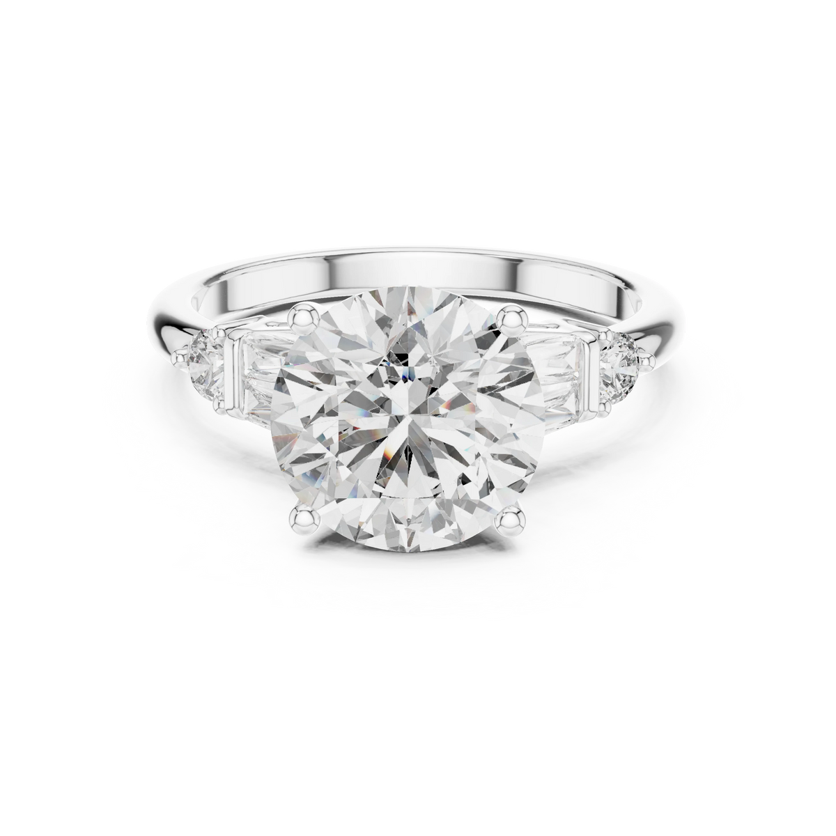 Round Baguette Side Stone Moissanite Engagement Ring in white 925 sterling silver, view 4