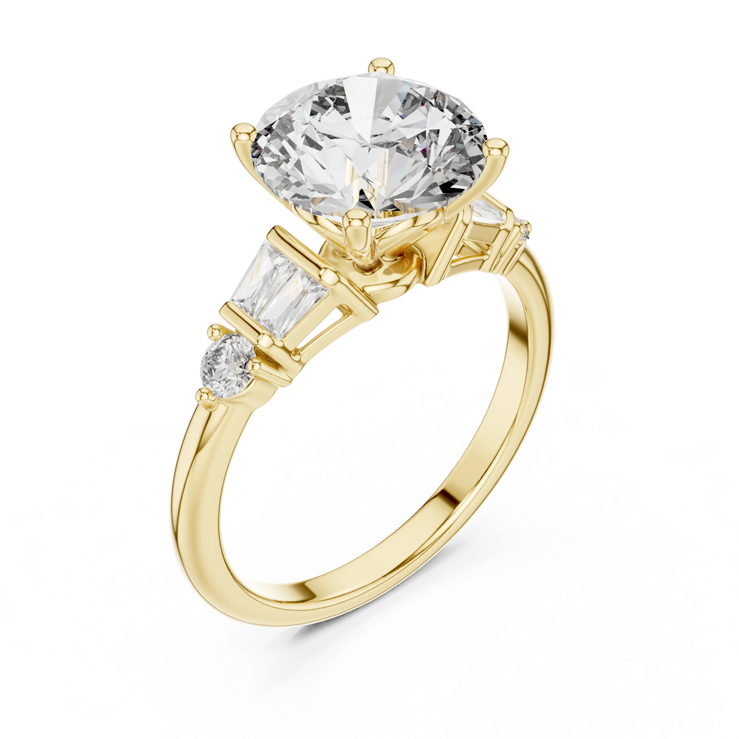 Round Baguette Side Stone Moissanite Engagement Ring in yellow 925 sterling silver, view 2