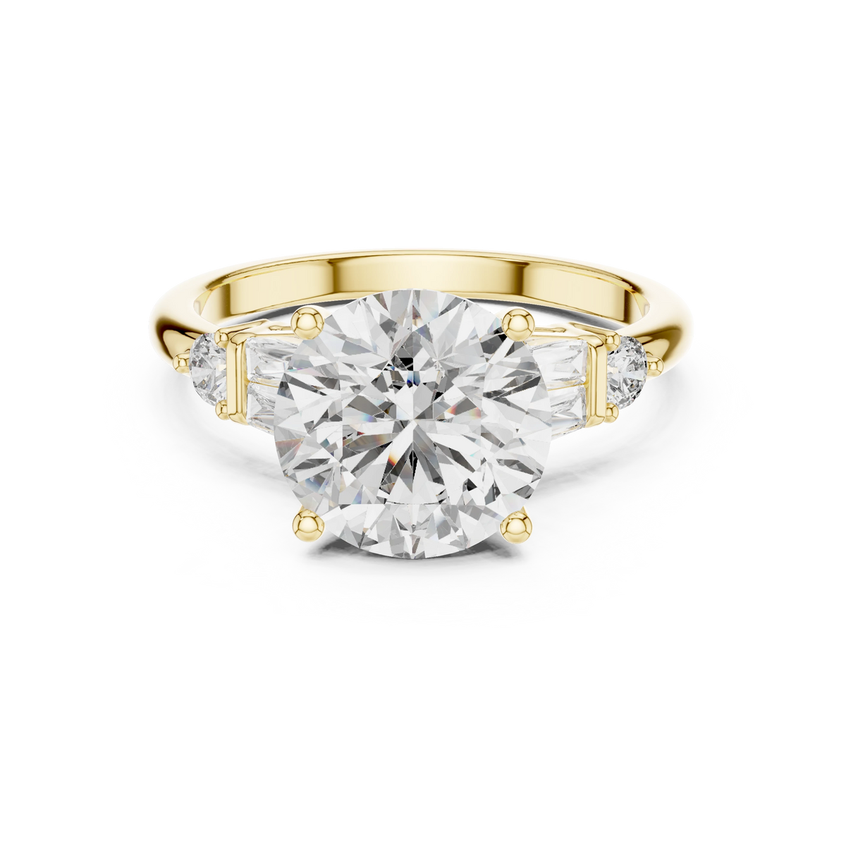Round Baguette Side Stone Moissanite Engagement Ring in yellow 925 sterling silver, view 4