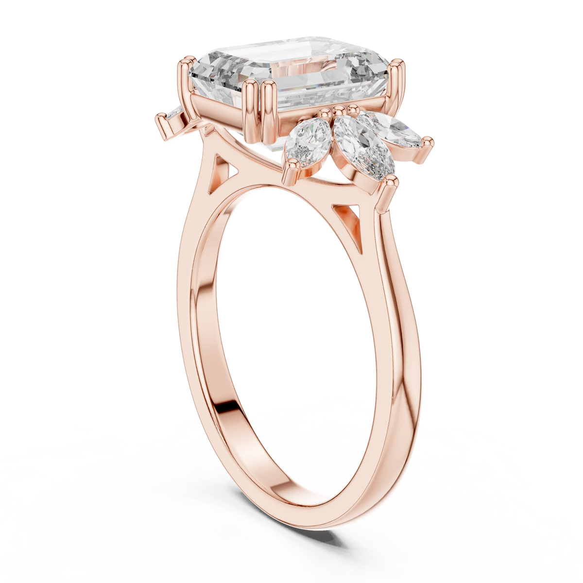 Emerald Cut Marquise Fan Moissanite Engagement Ring in rose 925 sterling silver, view 1
