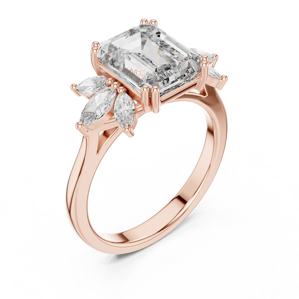 Emerald Cut Marquise Fan Moissanite Engagement Ring in rose 925 sterling silver, view 2