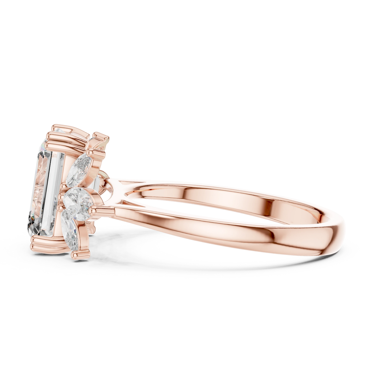 Emerald Cut Marquise Fan Moissanite Engagement Ring in rose 925 sterling silver, view 3
