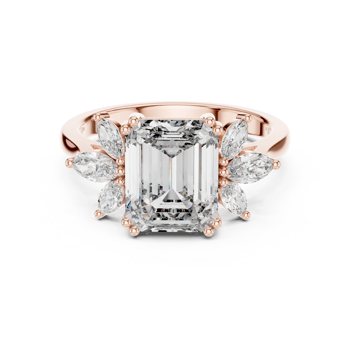 Emerald Cut Marquise Fan Moissanite Engagement Ring in rose 925 sterling silver, view 4