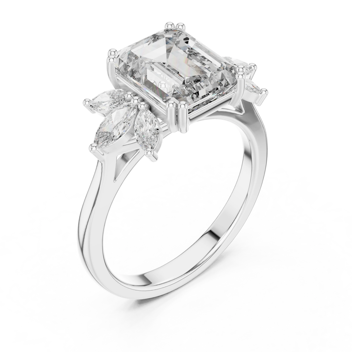Emerald Cut Marquise Fan Moissanite Engagement Ring in white 925 sterling silver, view 2