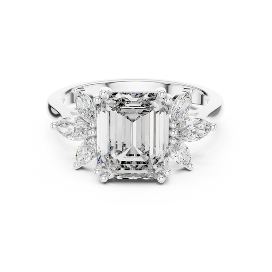 Emerald Cut Marquise Fan Moissanite Engagement Ring in white 925 sterling silver, view 4