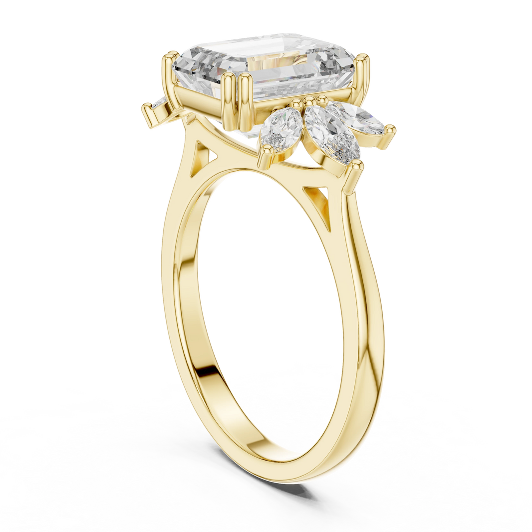 Emerald Cut Marquise Fan Moissanite Engagement Ring in yellow 925 sterling silver, view 1