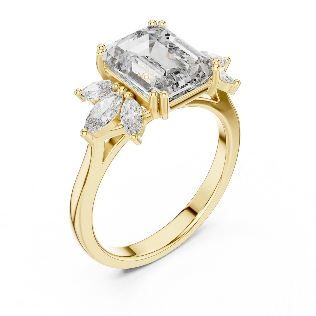 Emerald Cut Marquise Fan Moissanite Engagement Ring in yellow 925 sterling silver, view 2
