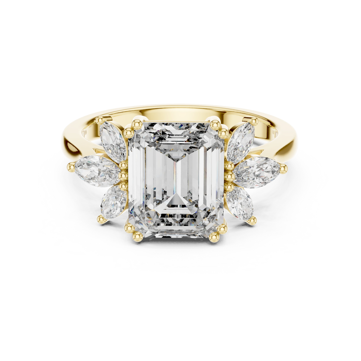 Emerald Cut Marquise Fan Moissanite Engagement Ring in yellow 925 sterling silver, view 4