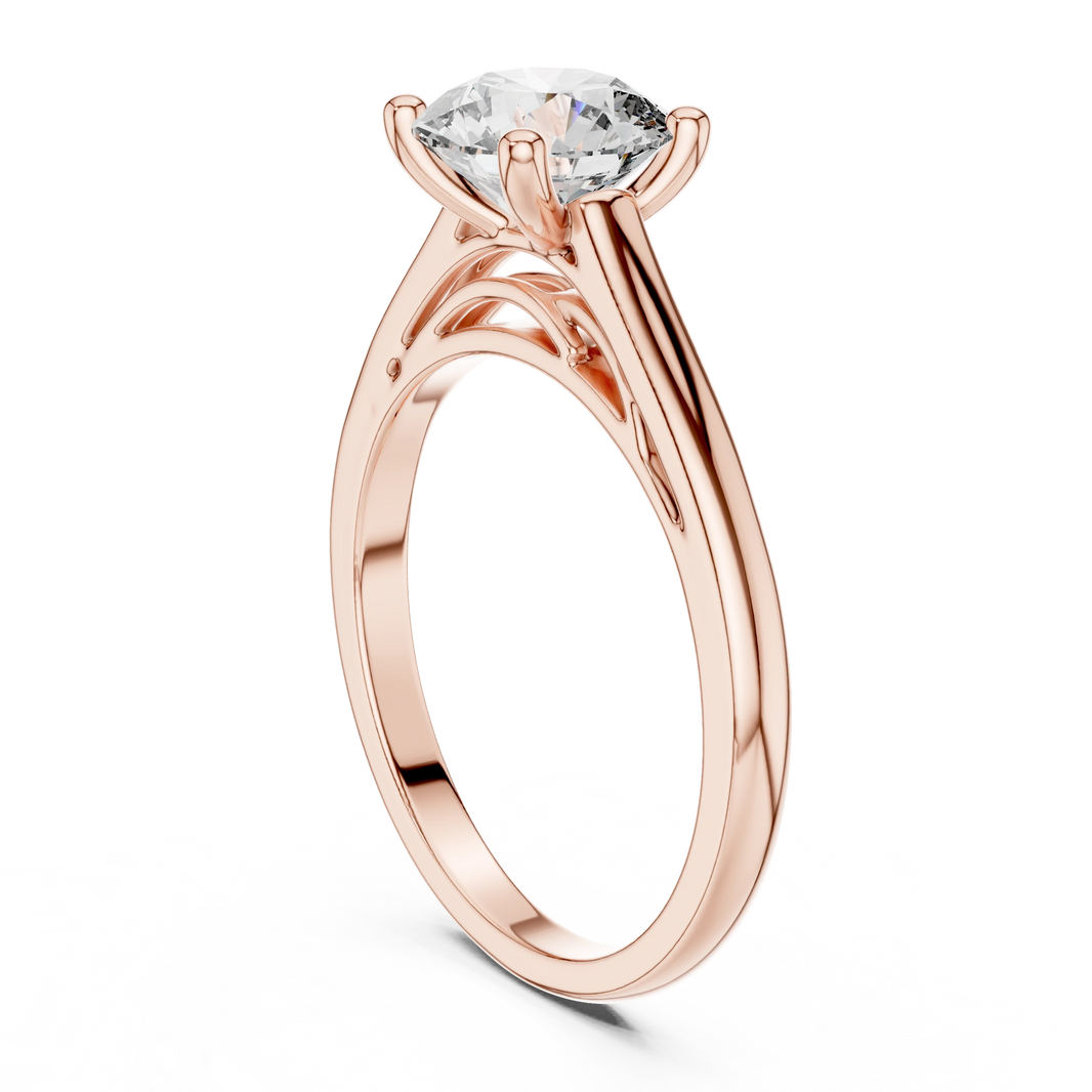 Round Cathedral Filigree Moissanite Engagement Ring in rose 925 sterling silver, view 1