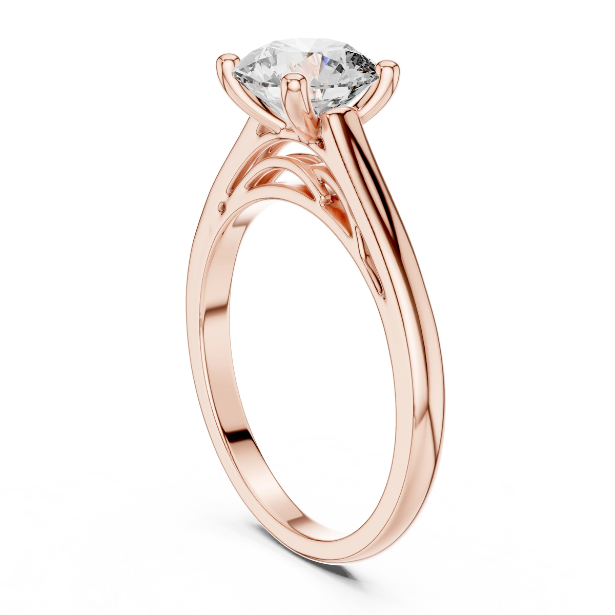 Round Cathedral Filigree Moissanite Engagement Ring in rose 925 sterling silver, view 1
