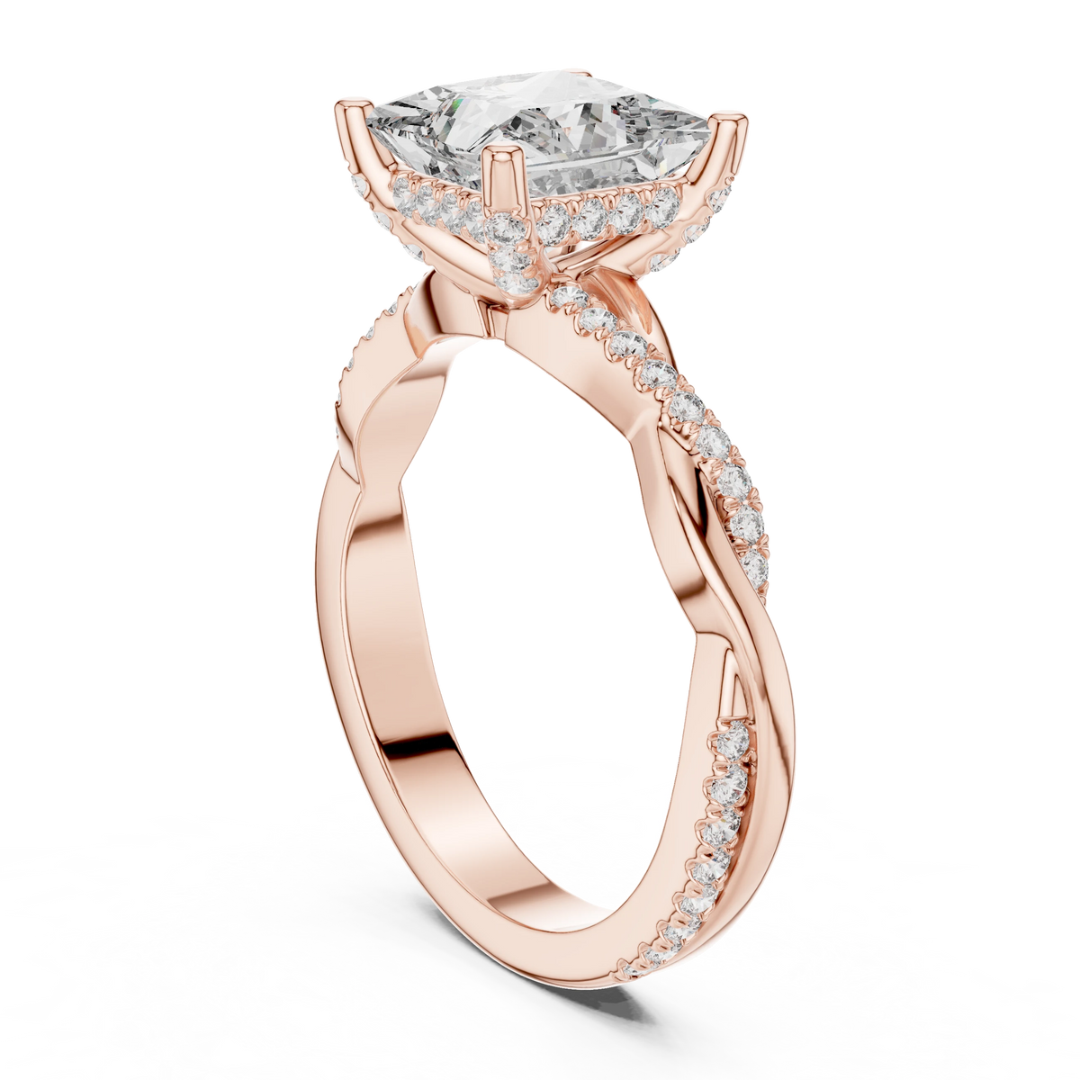 Princess Cut Hidden Halo Twist Moissanite Engagement Ring in rose 925 sterling silver, view 1