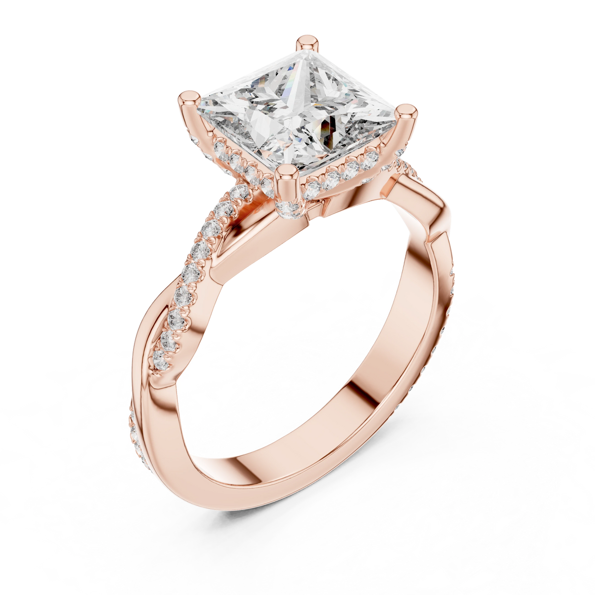 Princess Cut Hidden Halo Twist Moissanite Engagement Ring in rose 925 sterling silver, view 2