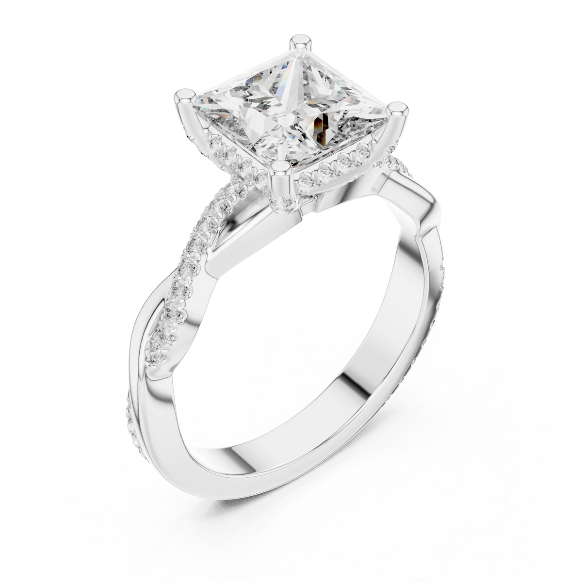 Princess Cut Hidden Halo Twist Moissanite Engagement Ring in white 925 sterling silver, view 2