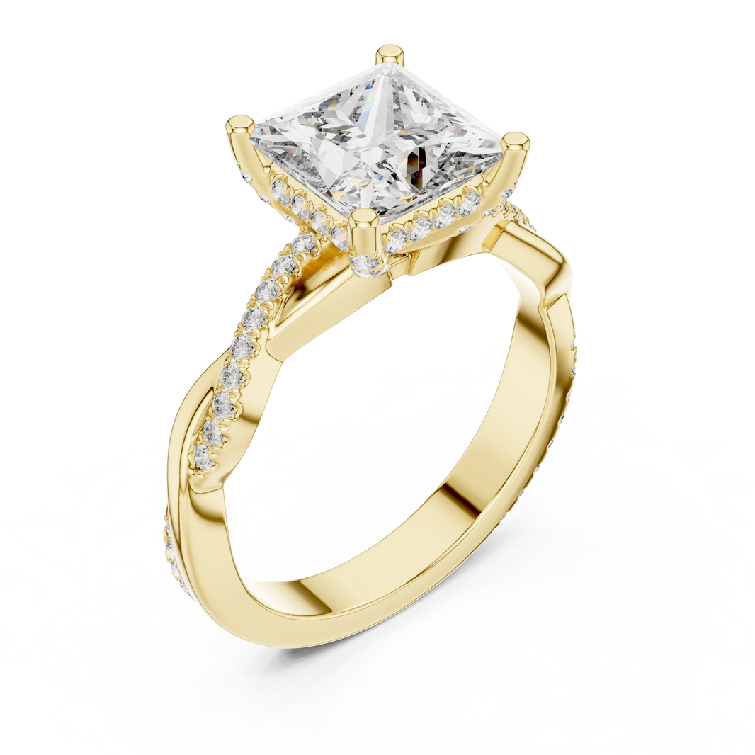 Princess Cut Hidden Halo Twist Moissanite Engagement Ring in yellow 925 sterling silver, view 2