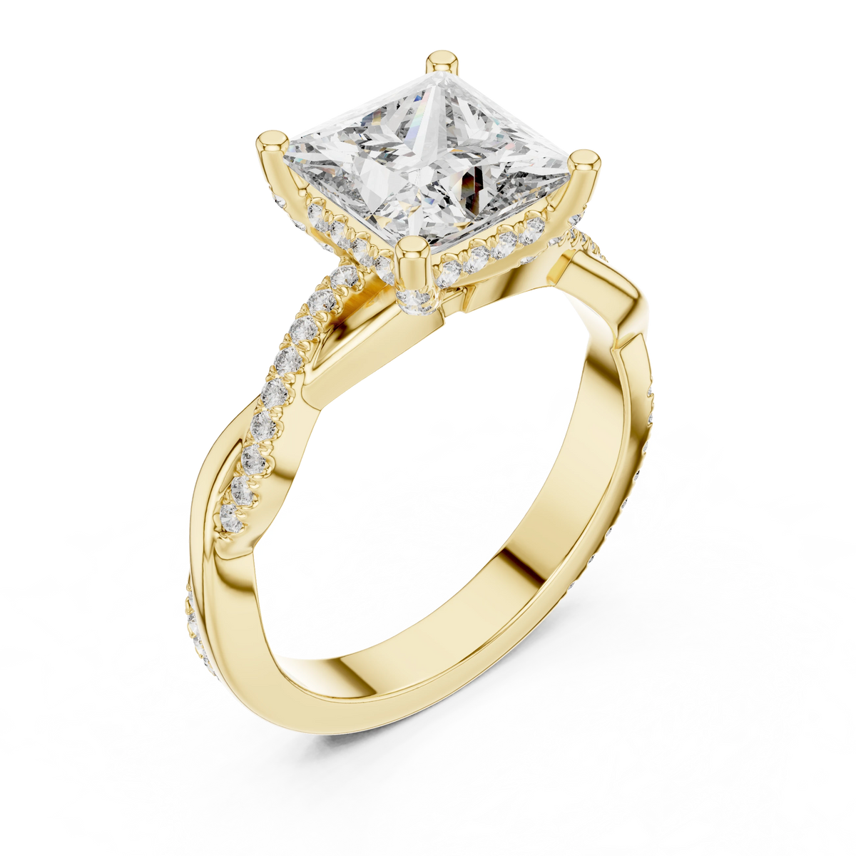 Princess Cut Hidden Halo Twist Moissanite Engagement Ring in yellow 925 sterling silver, view 2
